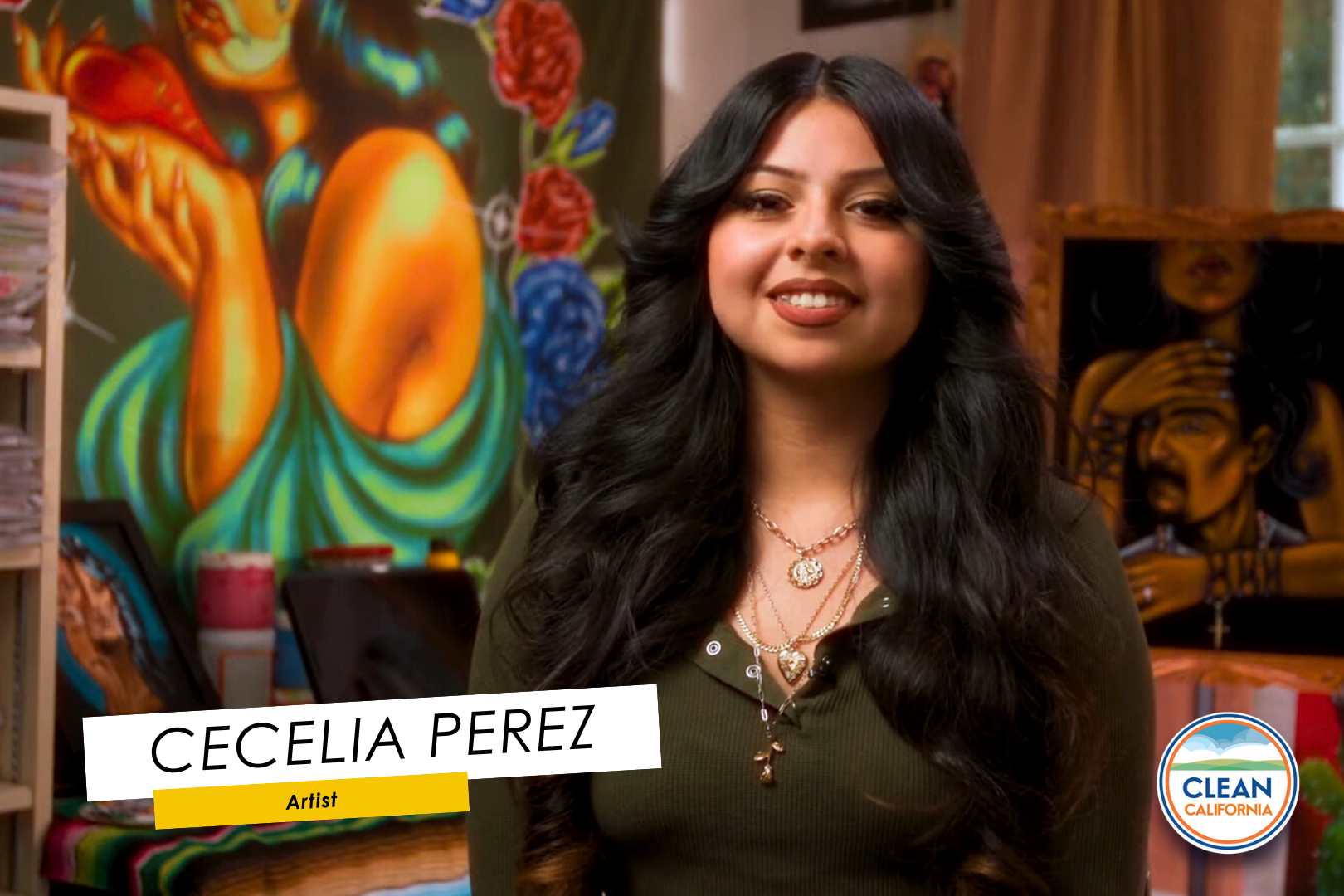 Cecelia Perez in a room full of art.